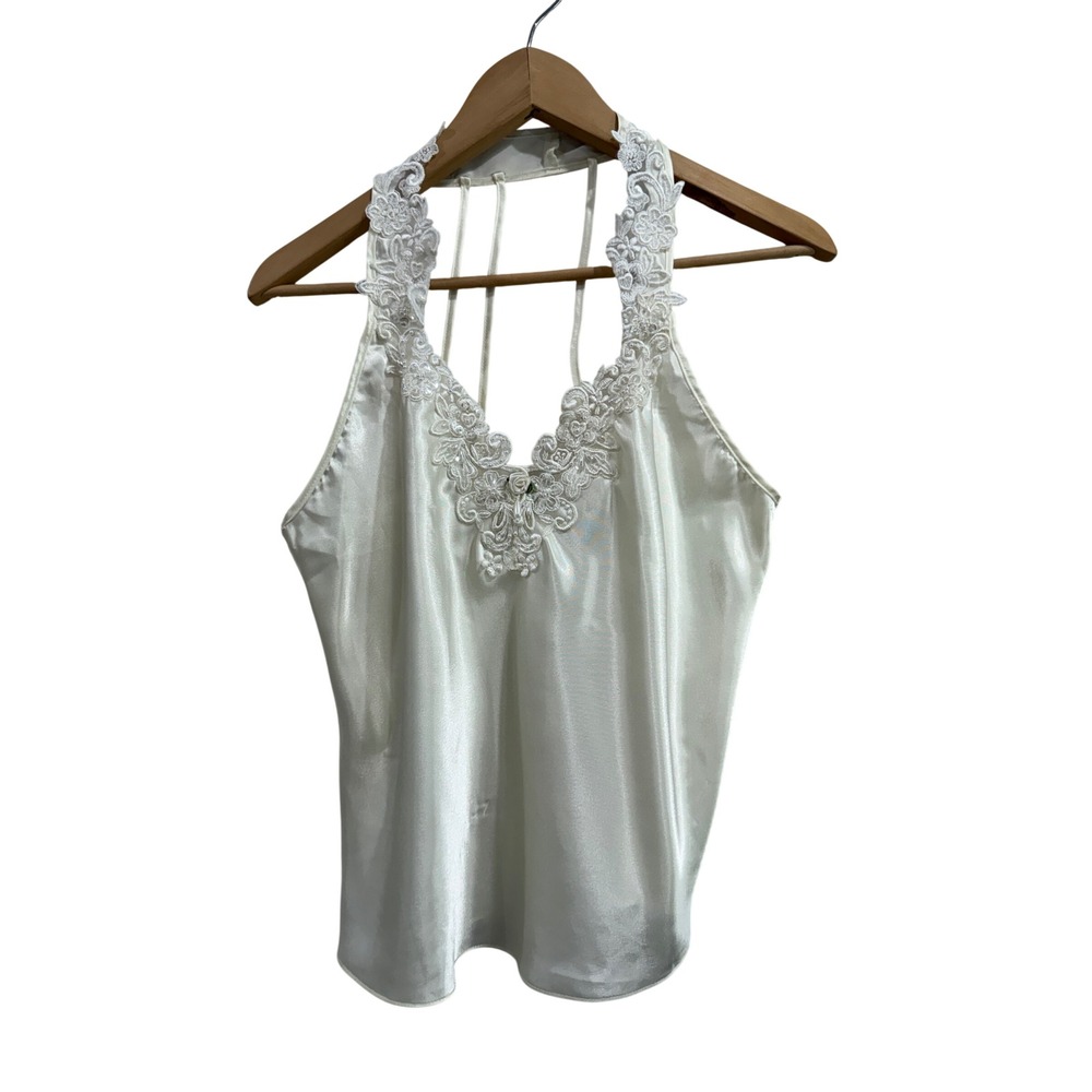 California Dynasty Ivory Satin Lace Pearl Halter Cami Top Vintage Style Sz Large